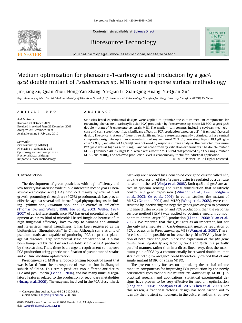 Medium optimization for phenazine-1-carboxylic acid production by a gacA qscR double mutant of Pseudomonas sp. M18 using response surface methodology