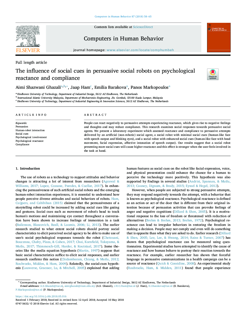 The influence of social cues in persuasive social robots on psychological reactance and compliance