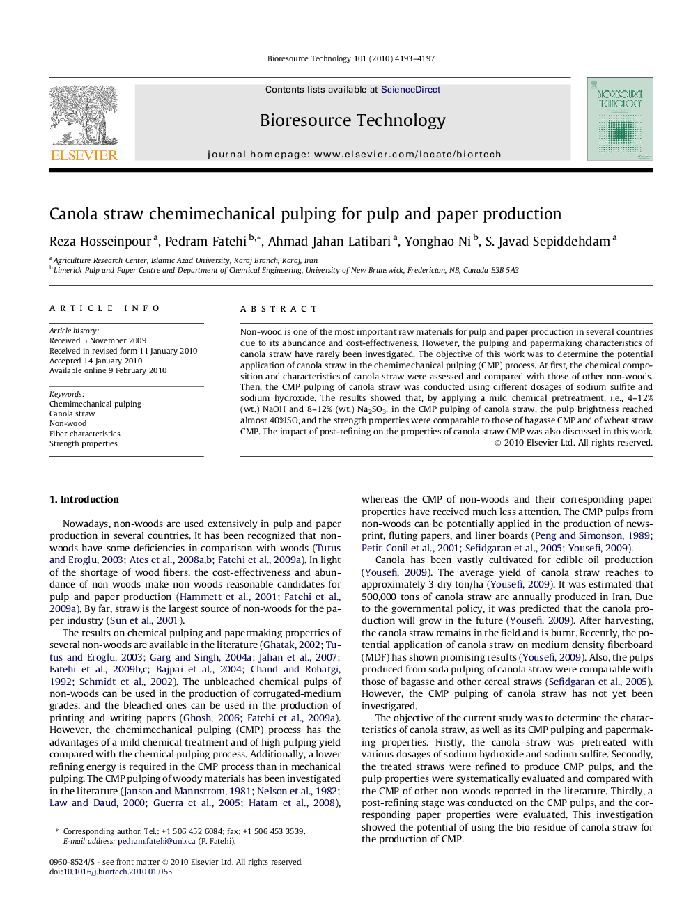 Canola straw chemimechanical pulping for pulp and paper production