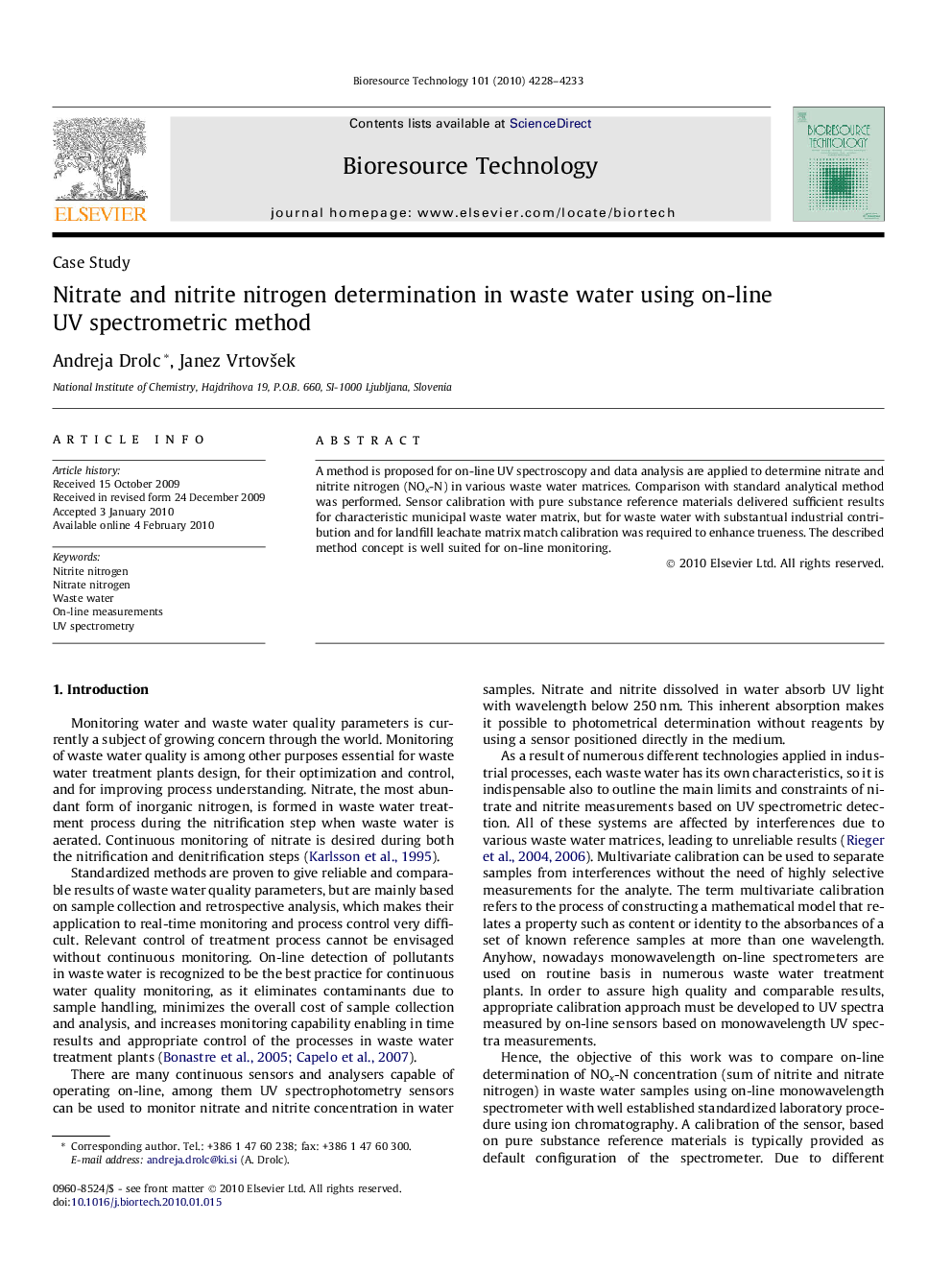 Nitrate and nitrite nitrogen determination in waste water using on-line UV spectrometric method