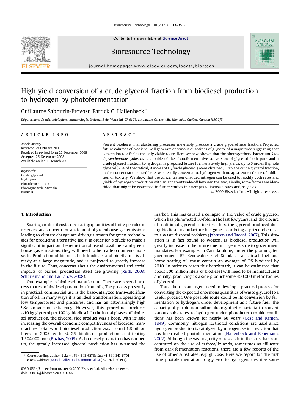 High yield conversion of a crude glycerol fraction from biodiesel production to hydrogen by photofermentation