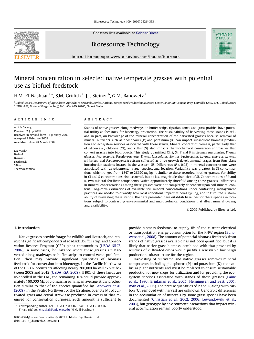 Mineral concentration in selected native temperate grasses with potential use as biofuel feedstock