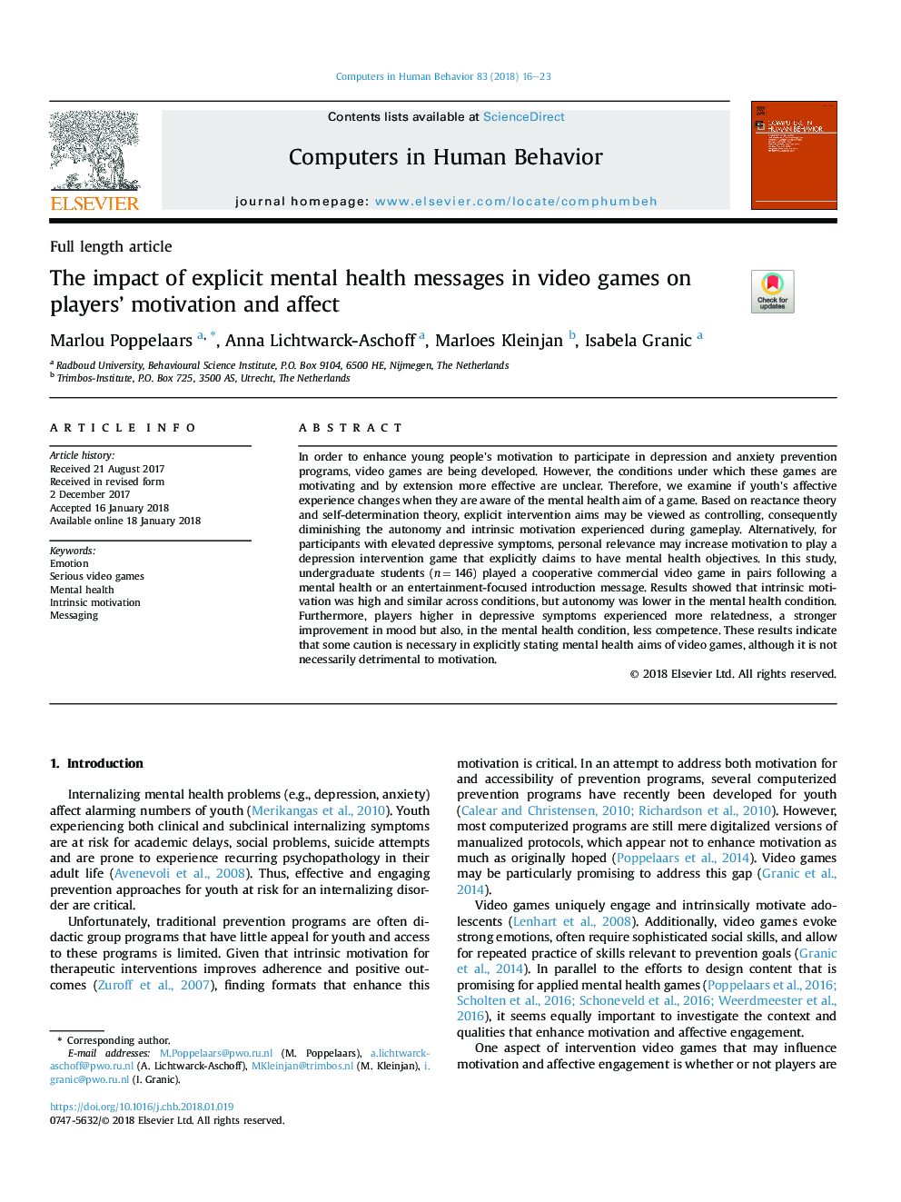 The impact of explicit mental health messages in video games on players' motivation and affect