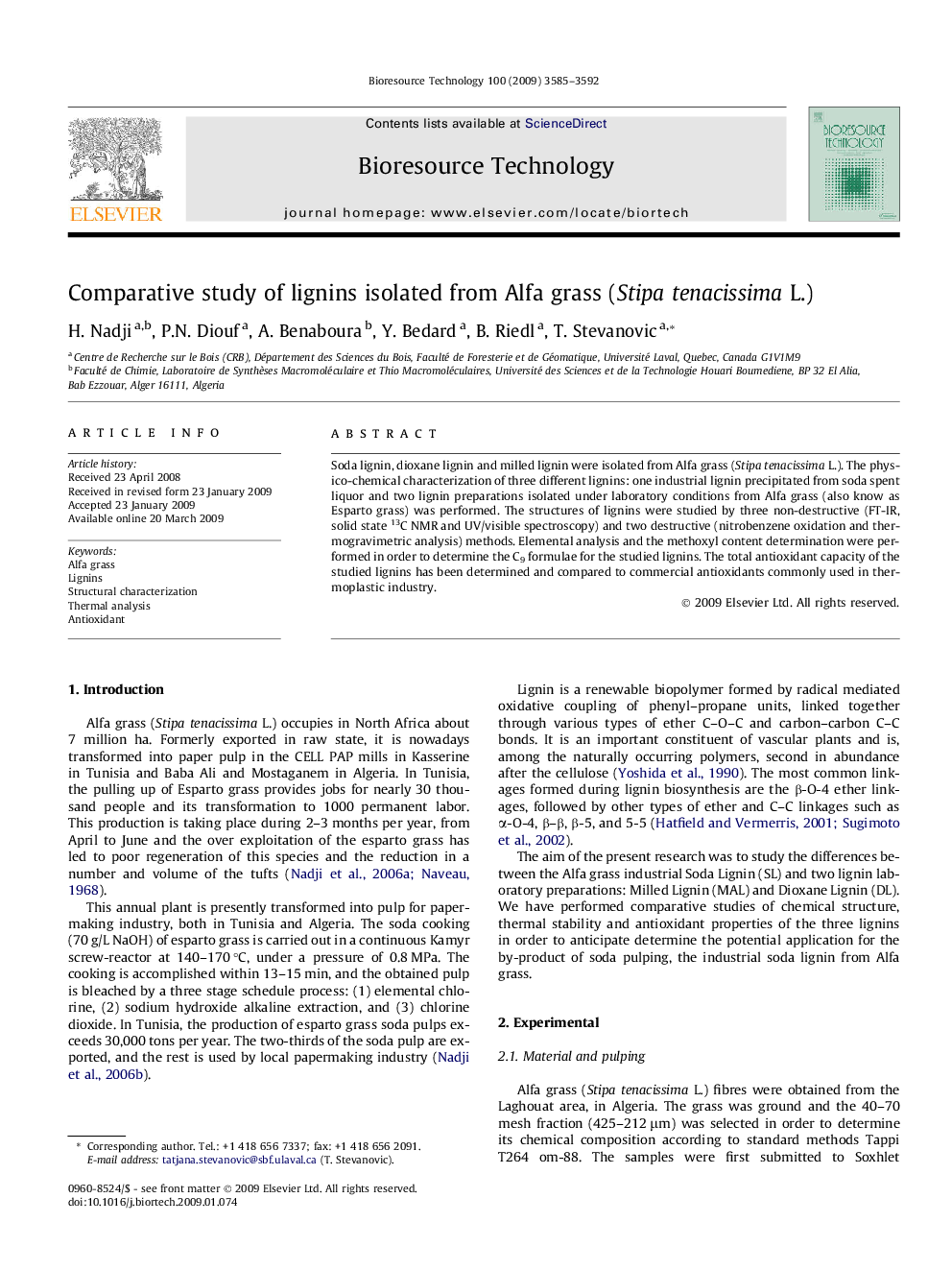 Comparative study of lignins isolated from Alfa grass (Stipa tenacissima L.)