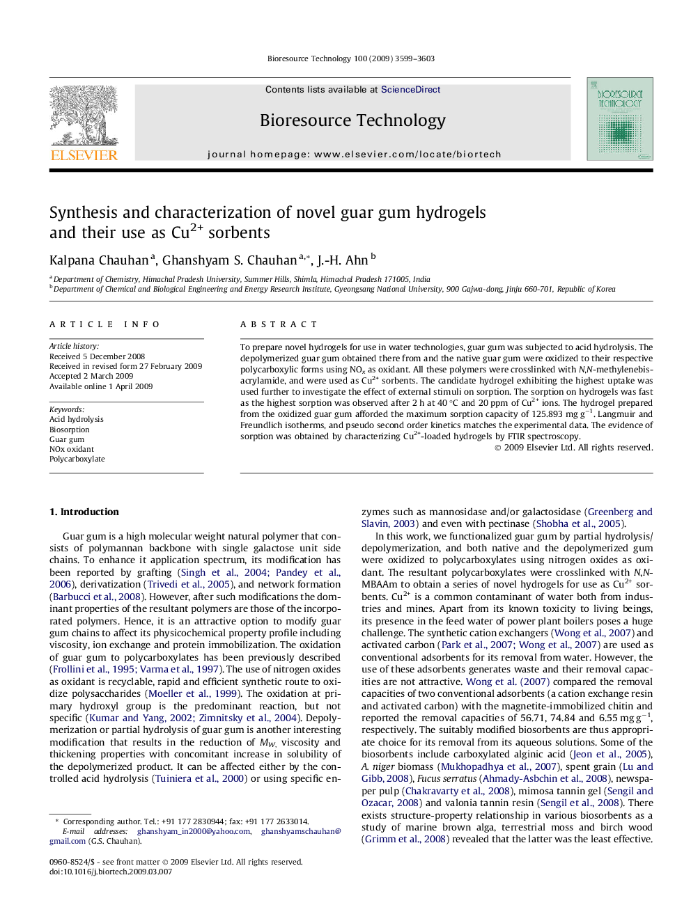 Synthesis and characterization of novel guar gum hydrogels and their use as Cu2+ sorbents