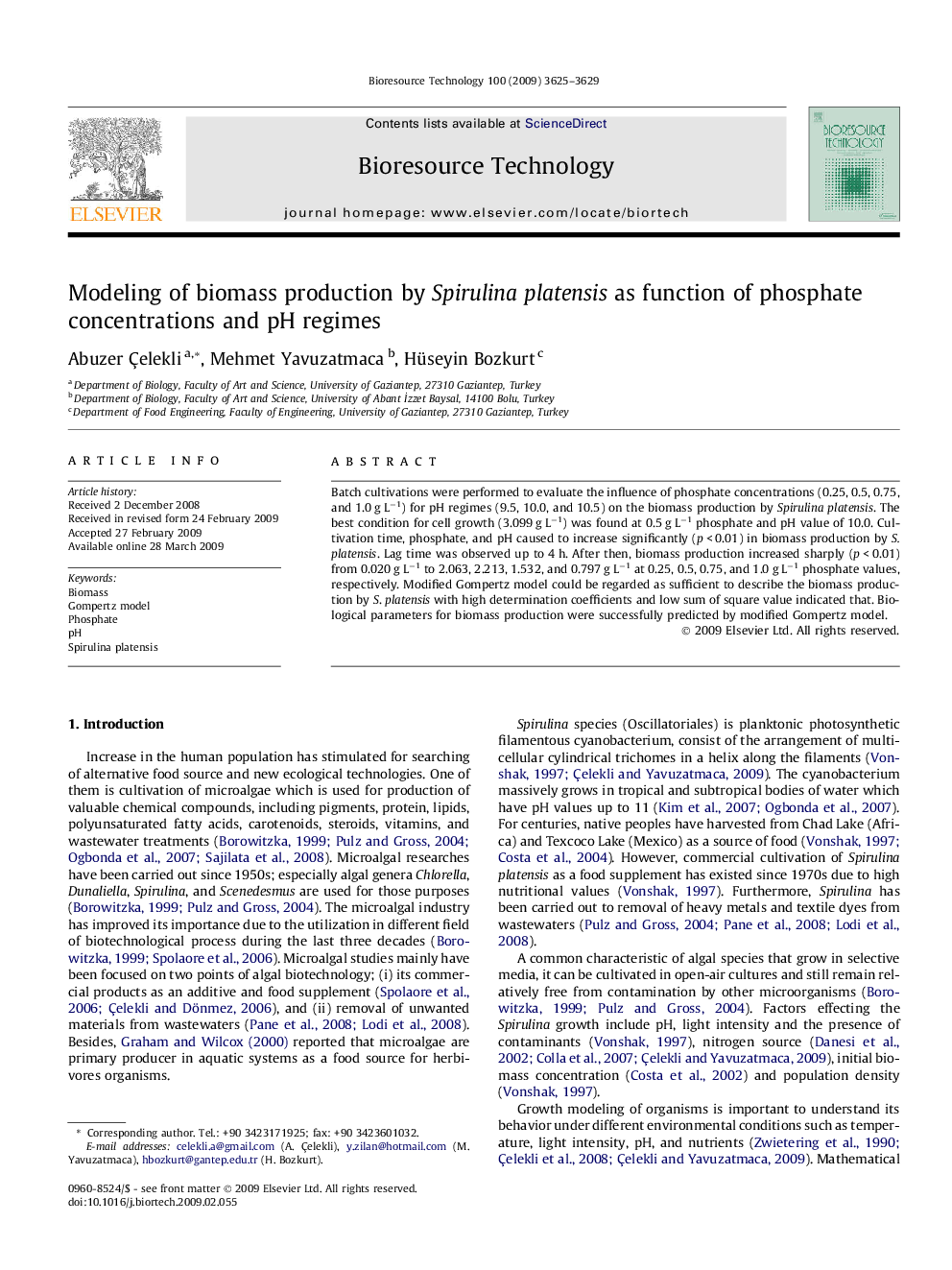 Modeling of biomass production by Spirulinaplatensis as function of phosphate concentrations and pH regimes