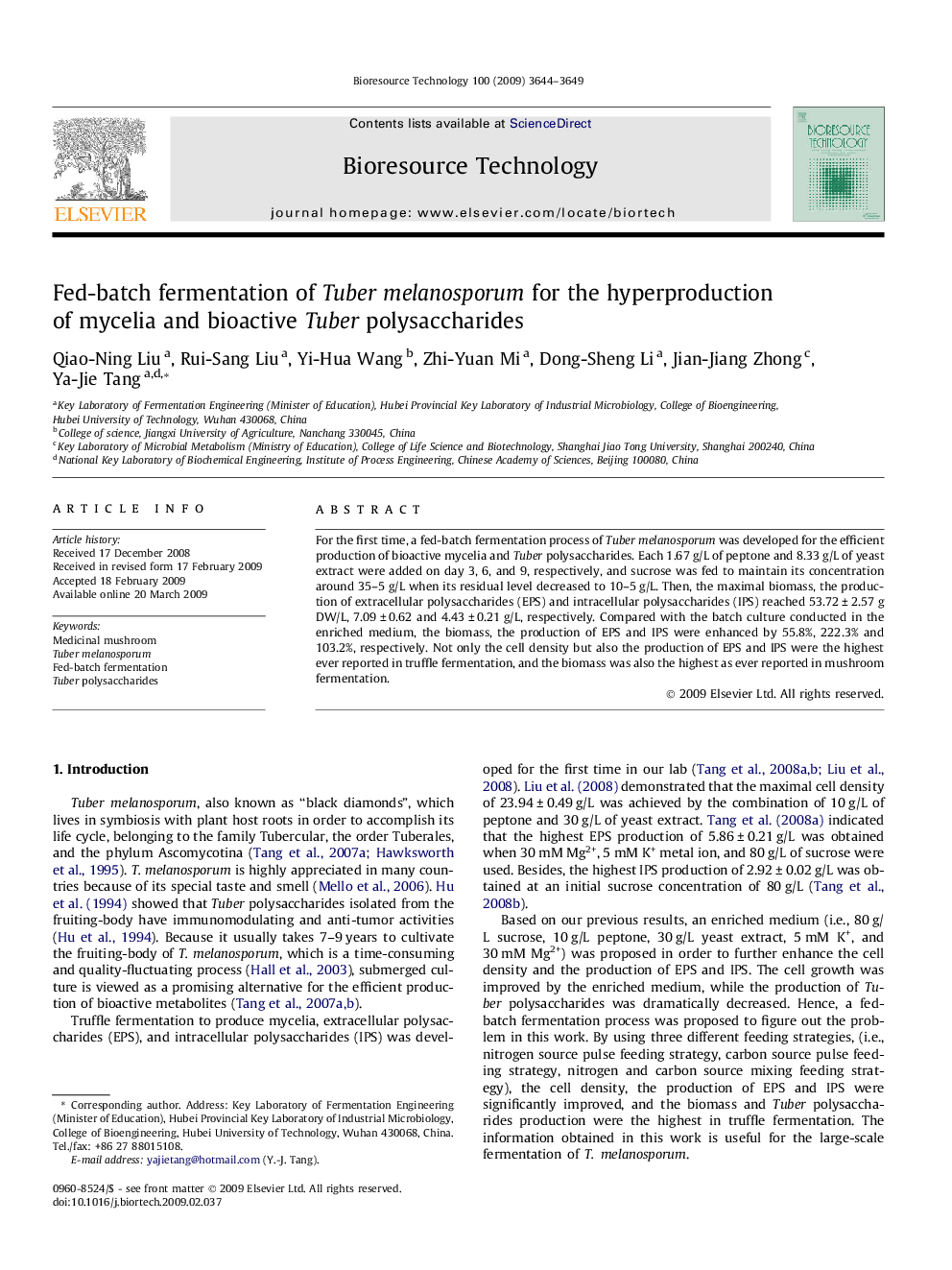 Fed-batch fermentation of Tuber melanosporum for the hyperproduction of mycelia and bioactive Tuber polysaccharides