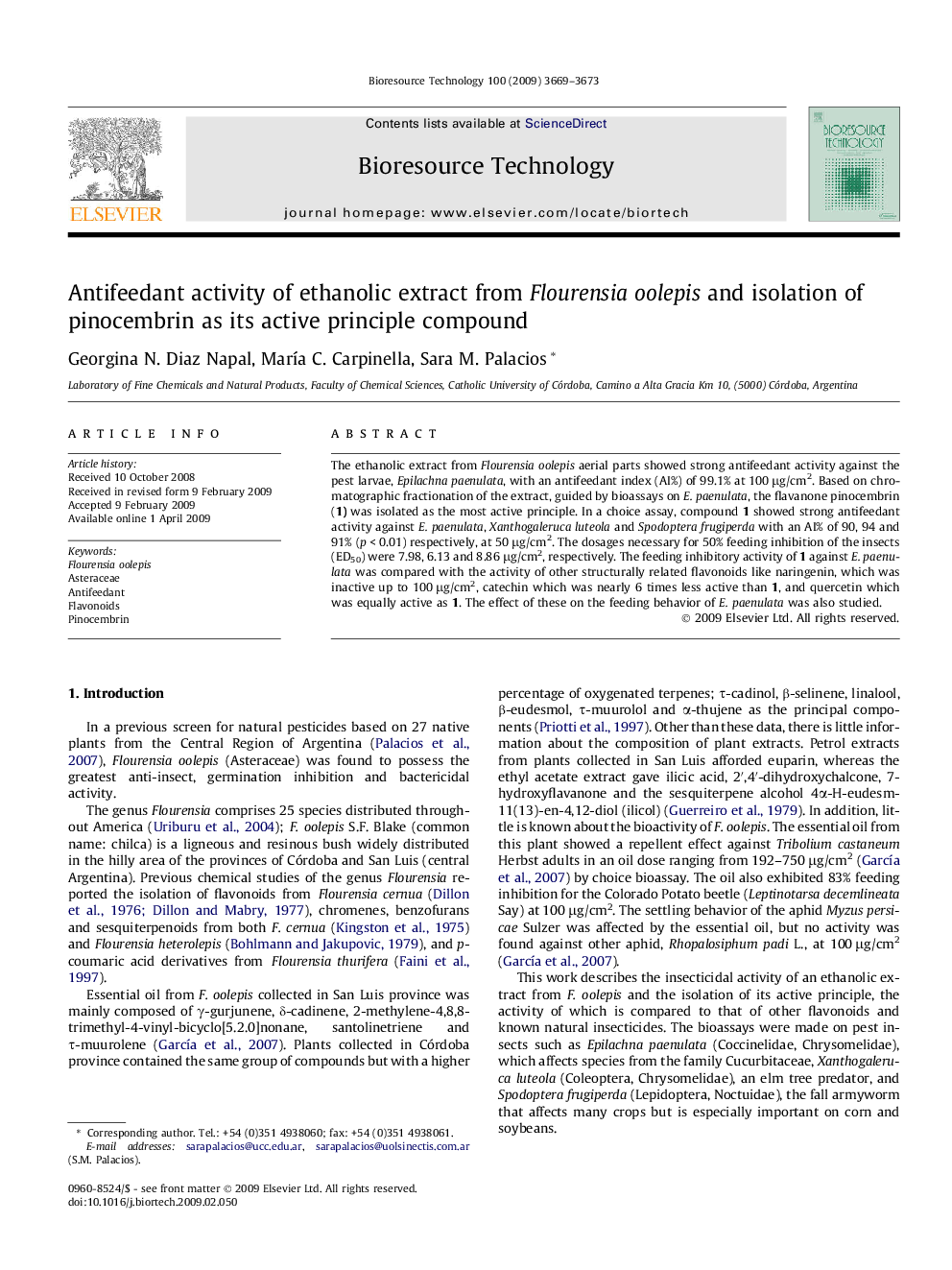 Antifeedant activity of ethanolic extract from Flourensia oolepis and isolation of pinocembrin as its active principle compound