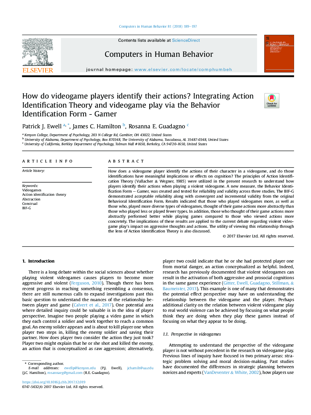 How do videogame players identify their actions? Integrating Action Identification Theory and videogame play via the Behavior Identification Form - Gamer