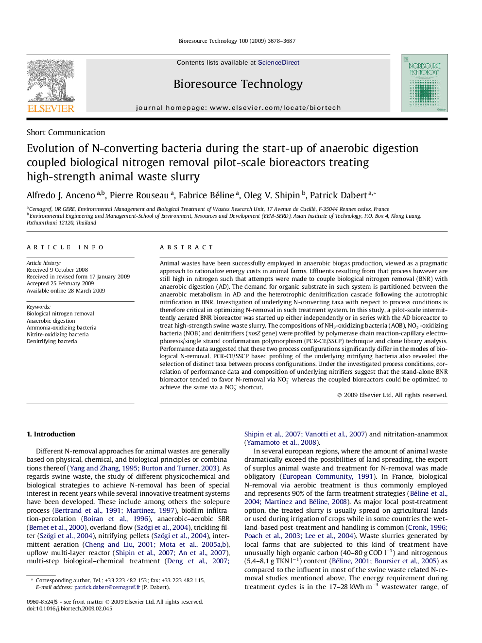 Evolution of N-converting bacteria during the start-up of anaerobic digestion coupled biological nitrogen removal pilot-scale bioreactors treating high-strength animal waste slurry