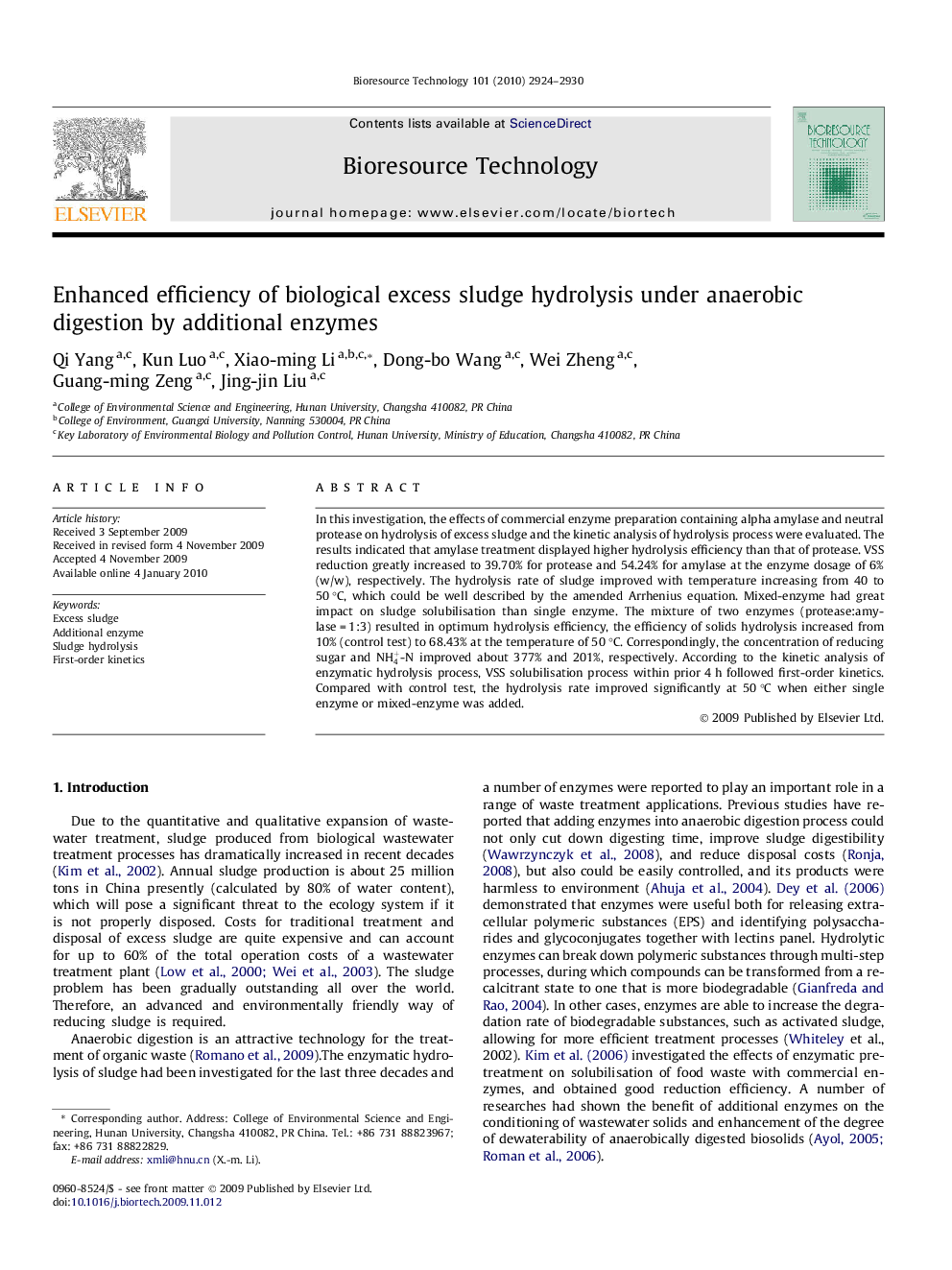 Enhanced efficiency of biological excess sludge hydrolysis under anaerobic digestion by additional enzymes