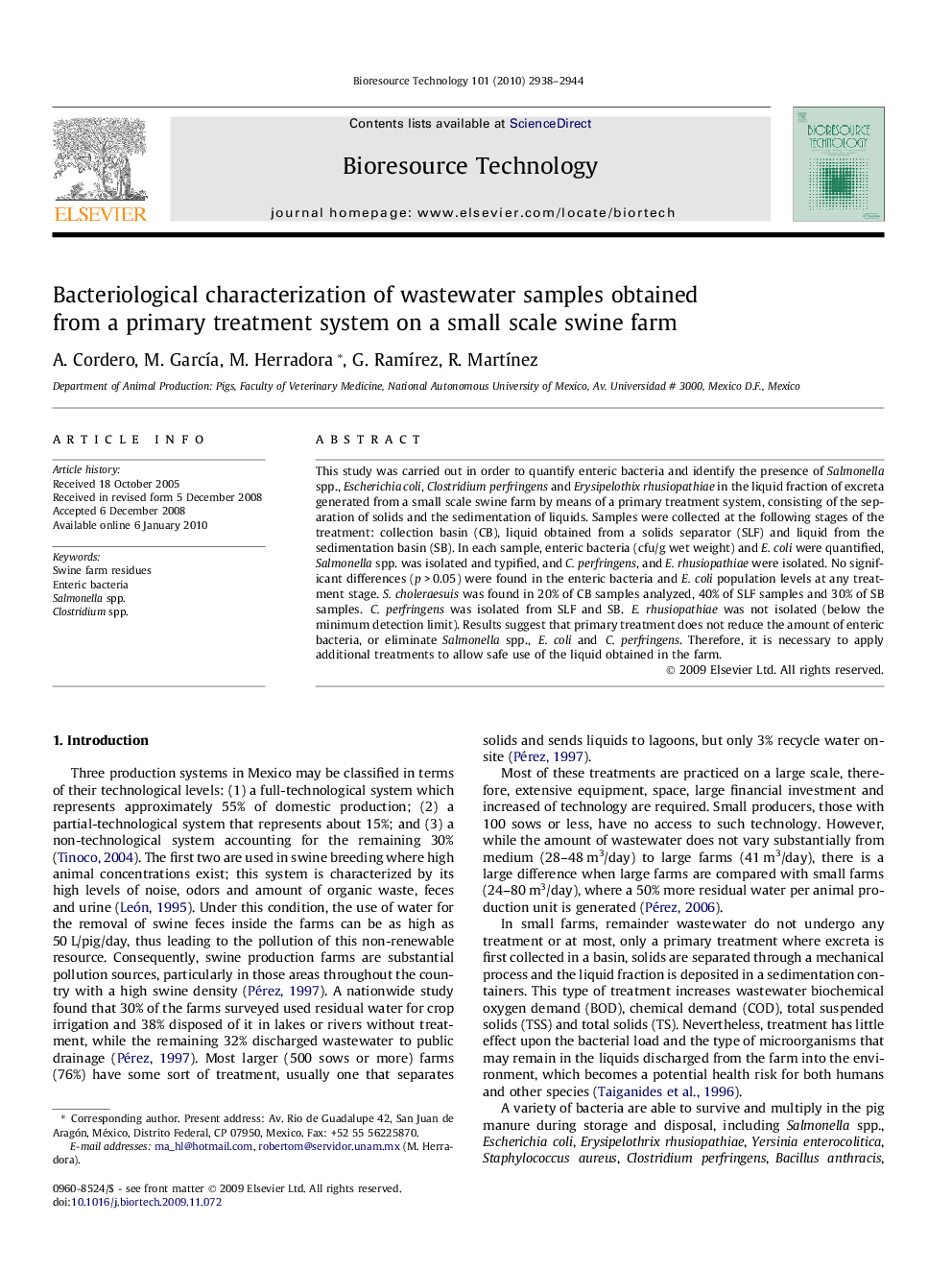 Bacteriological characterization of wastewater samples obtained from a primary treatment system on a small scale swine farm