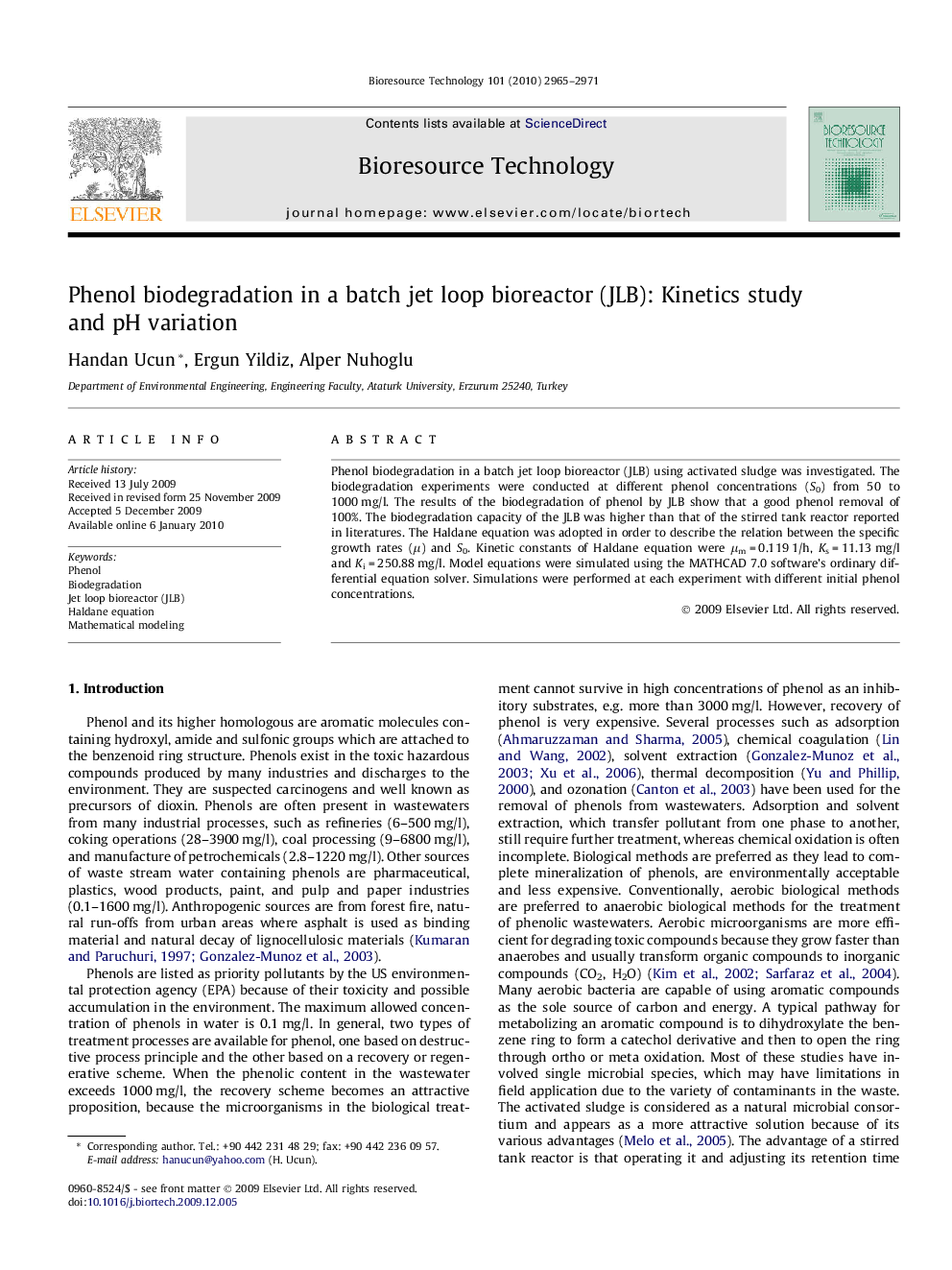 Phenol biodegradation in a batch jet loop bioreactor (JLB): Kinetics study and pH variation