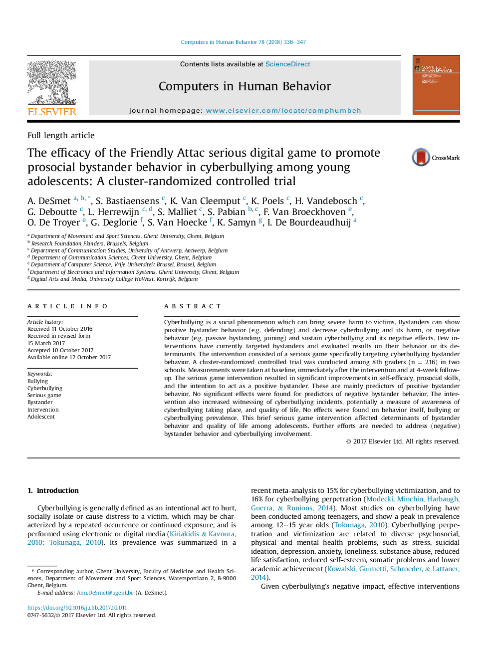 The efficacy of the Friendly Attac serious digital game to promote prosocial bystander behavior in cyberbullying among young adolescents: A cluster-randomized controlled trial