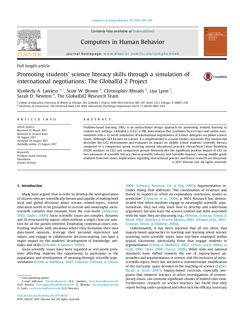 Promoting students' science literacy skills through a simulation of international negotiations: The GlobalEd 2 Project