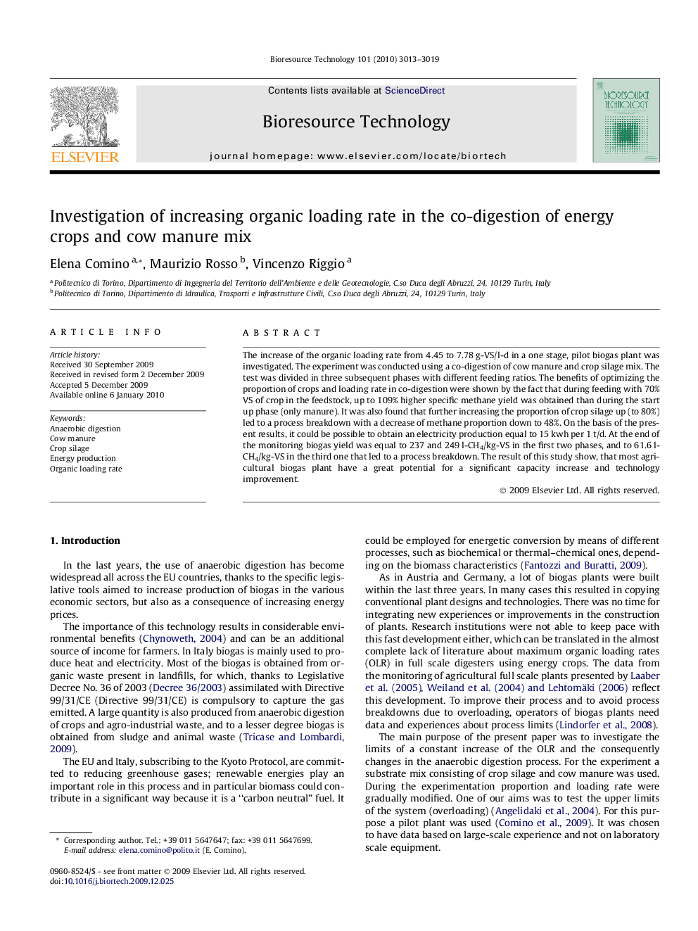 Investigation of increasing organic loading rate in the co-digestion of energy crops and cow manure mix