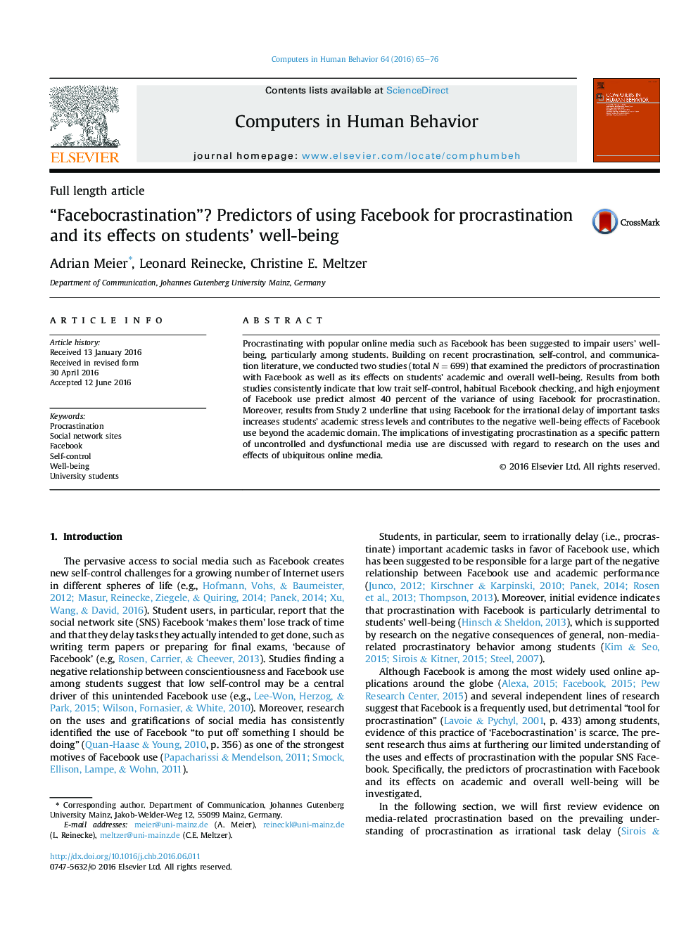 “Facebocrastination”? Predictors of using Facebook for procrastination and its effects on students' well-being