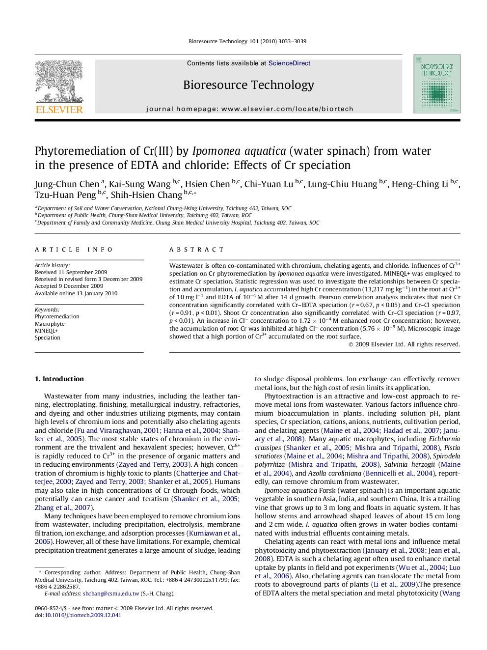 Phytoremediation of Cr(III) by Ipomonea aquatica (water spinach) from water in the presence of EDTA and chloride: Effects of Cr speciation