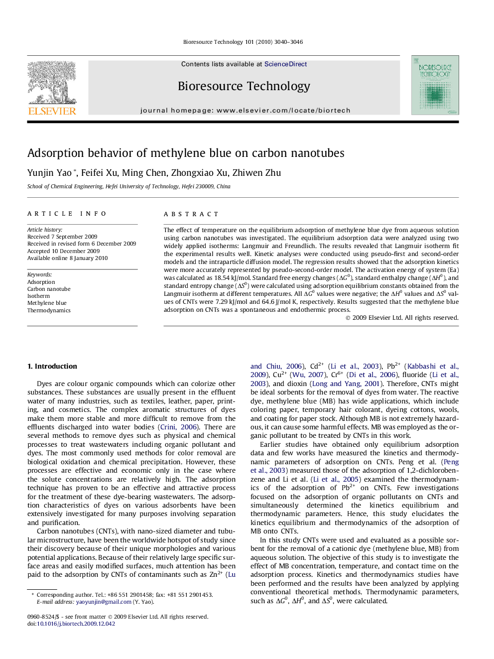 Adsorption behavior of methylene blue on carbon nanotubes