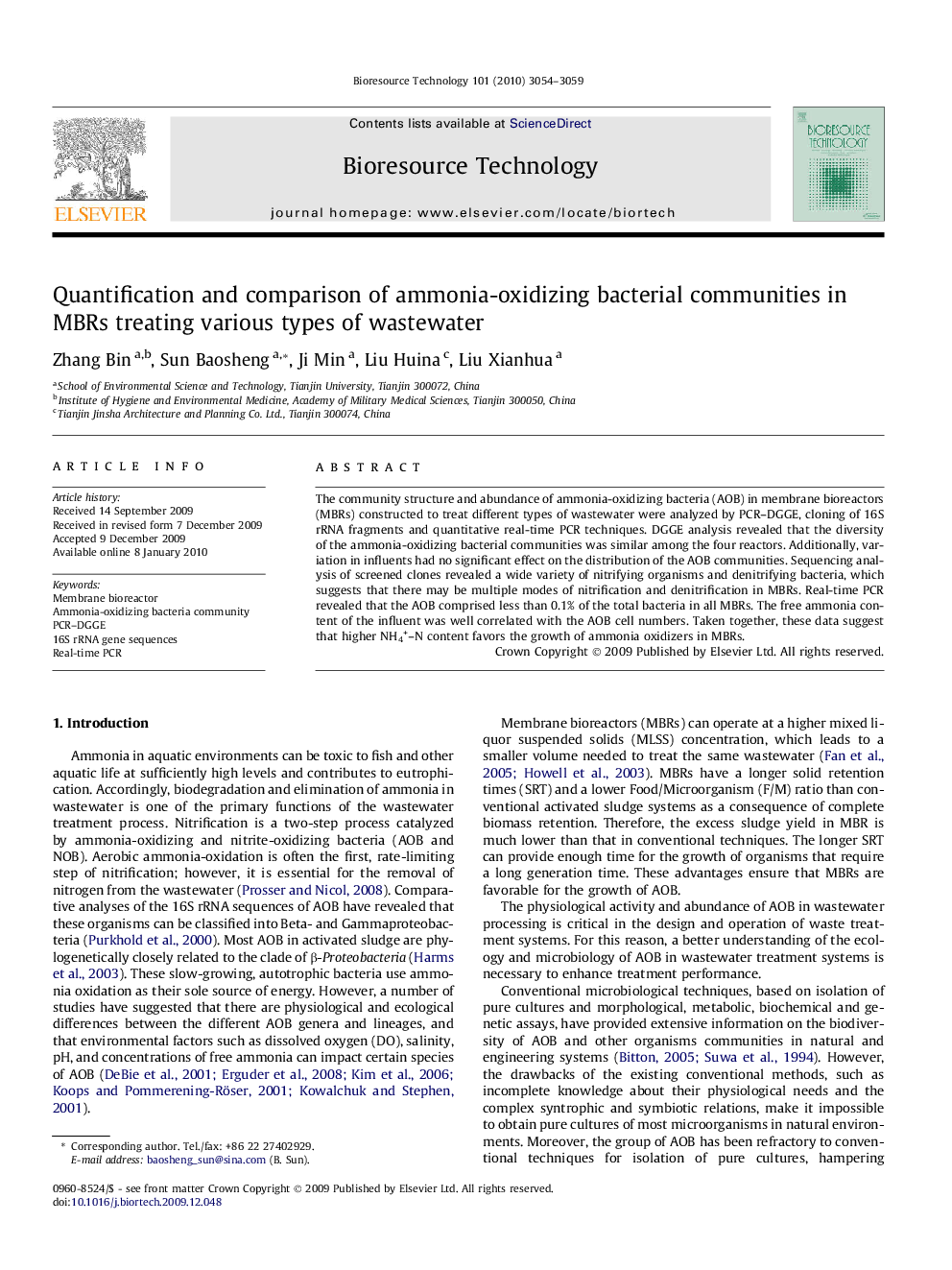 عکس صفحه اول مقاله: Quantification and comparison of ammonia-oxidizing bacterial communities in MBRs treating various types of wastewater Quantification and comparison of ammonia-oxidizing bacterial communities in MBRs treating various types of wastewater