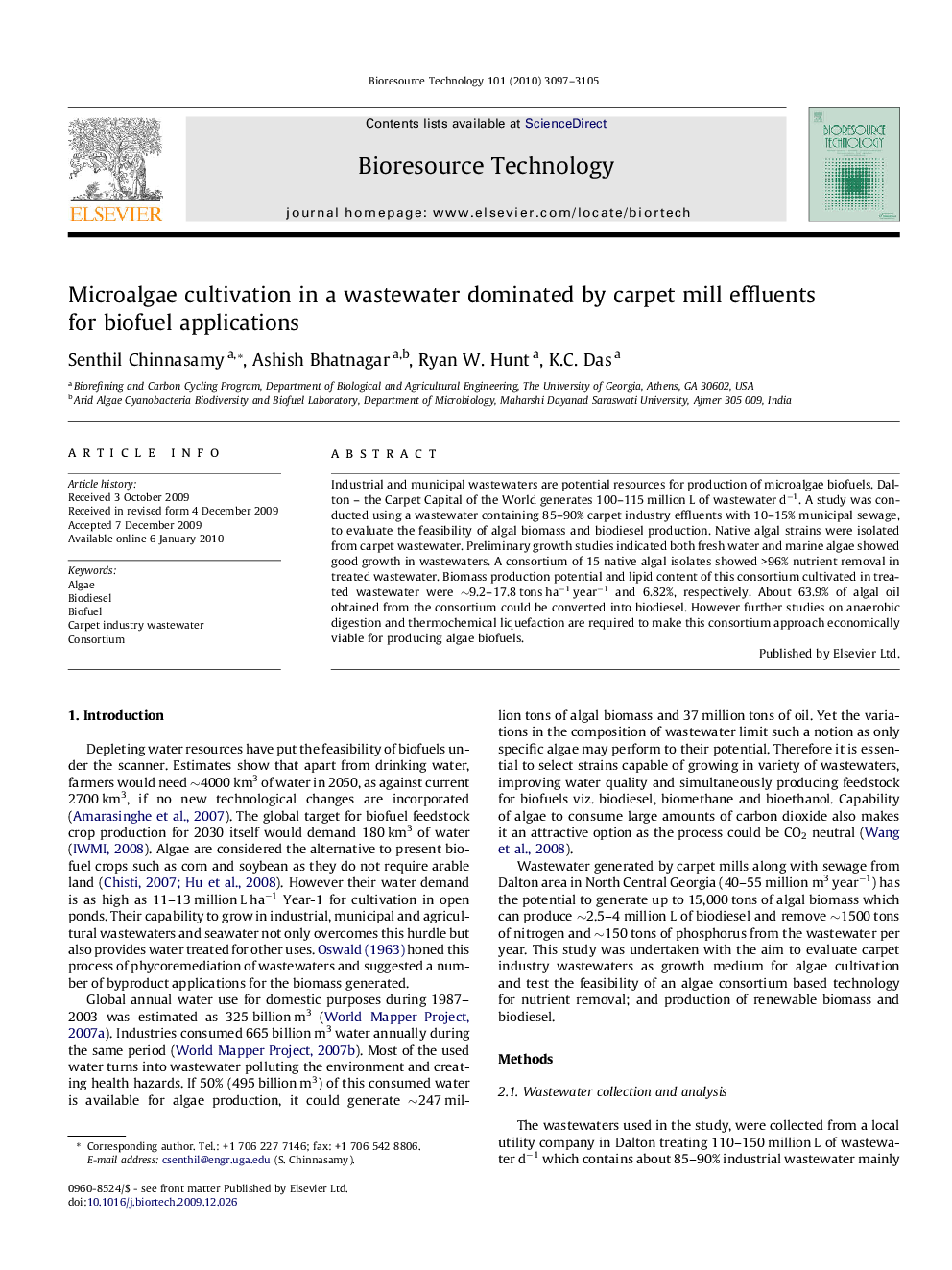 Microalgae cultivation in a wastewater dominated by carpet mill effluents for biofuel applications