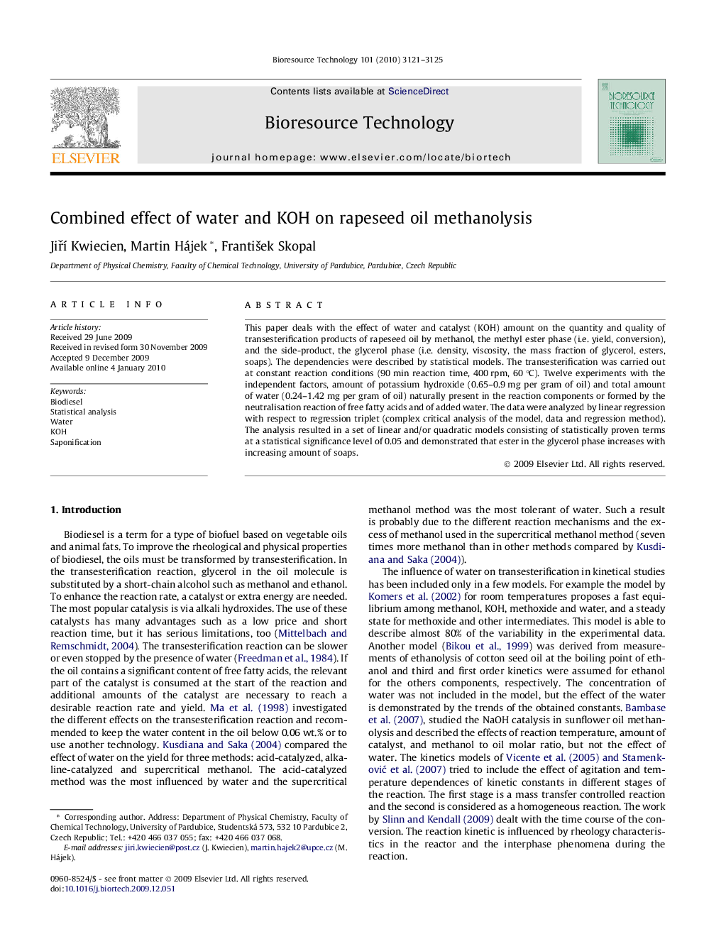 Combined effect of water and KOH on rapeseed oil methanolysis