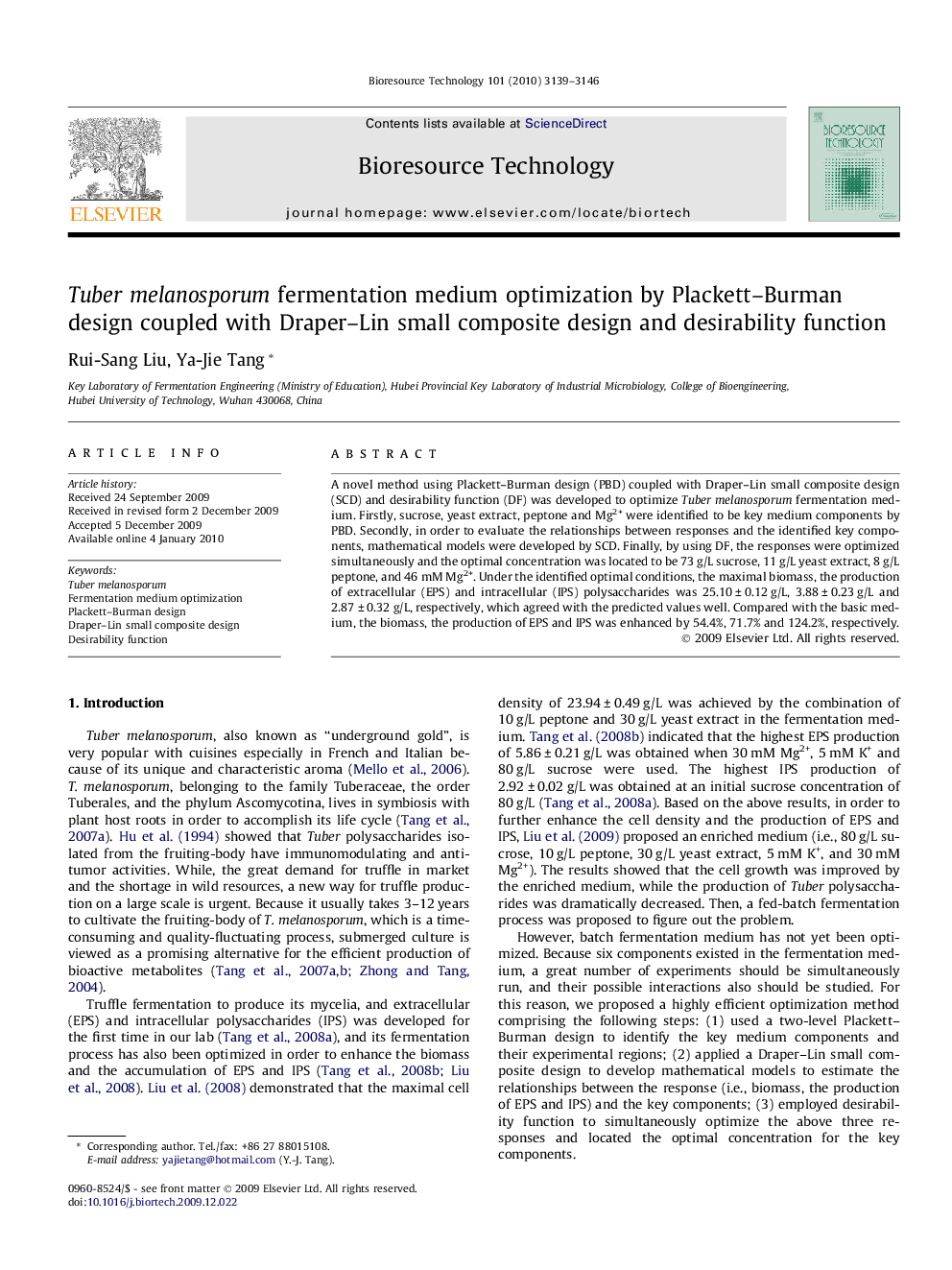 Tuber melanosporum fermentation medium optimization by Plackett–Burman design coupled with Draper–Lin small composite design and desirability function