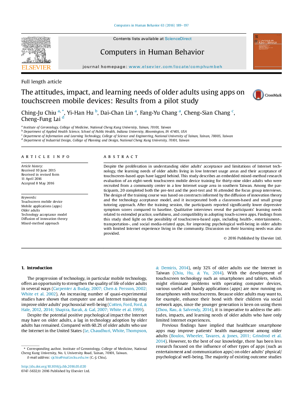 The attitudes, impact, and learning needs of older adults using apps on touchscreen mobile devices: Results from a pilot study