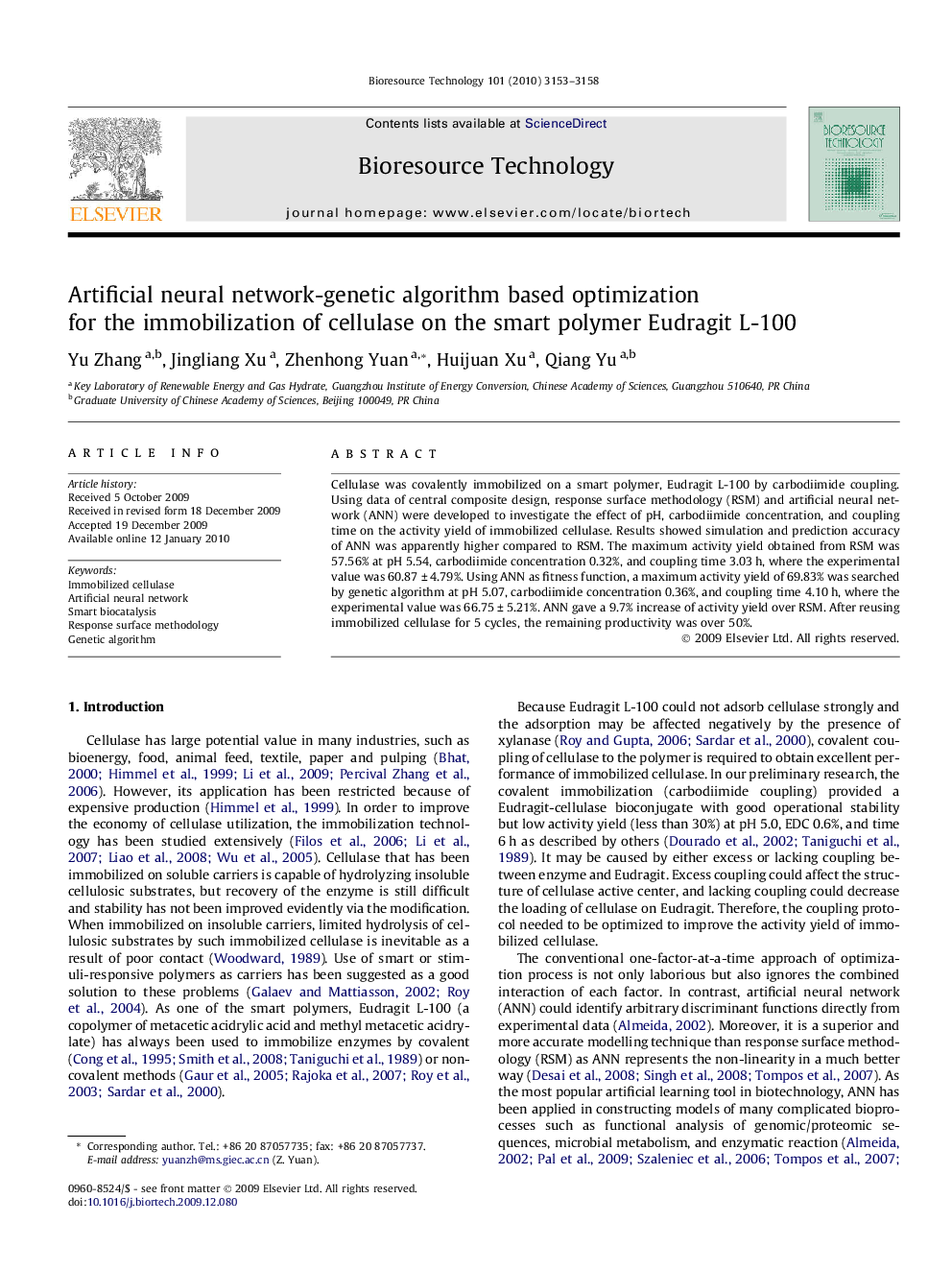 Artificial neural network-genetic algorithm based optimization for the immobilization of cellulase on the smart polymer Eudragit L-100