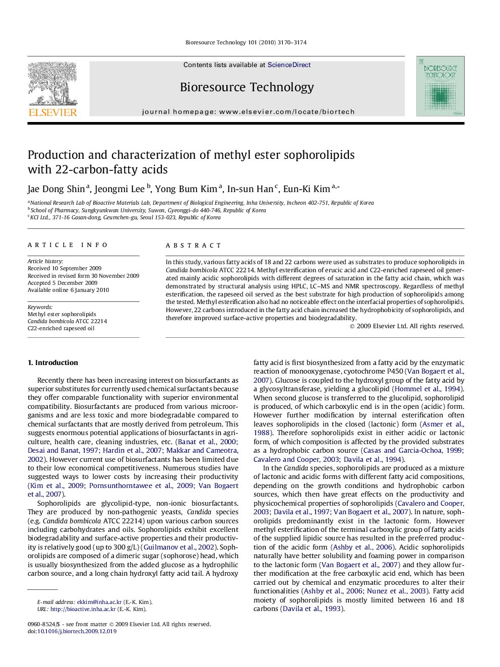 Production and characterization of methyl ester sophorolipids with 22-carbon-fatty acids
