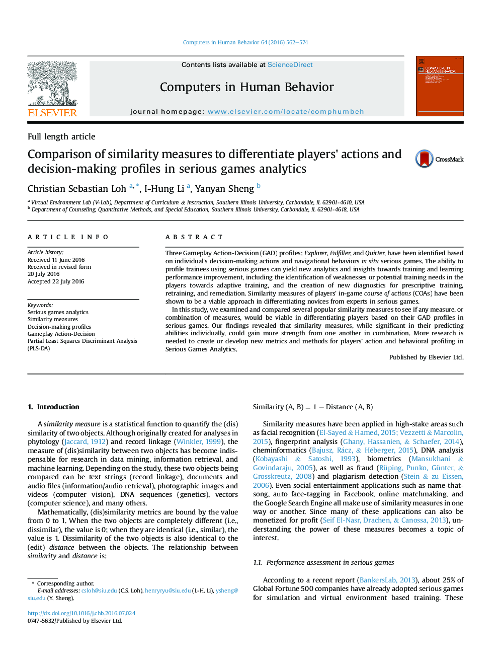 Comparison of similarity measures to differentiate players' actions and decision-making profiles in serious games analytics