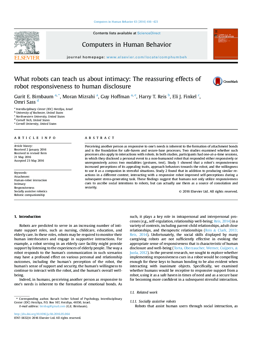 What robots can teach us about intimacy: The reassuring effects of robot responsiveness to human disclosure