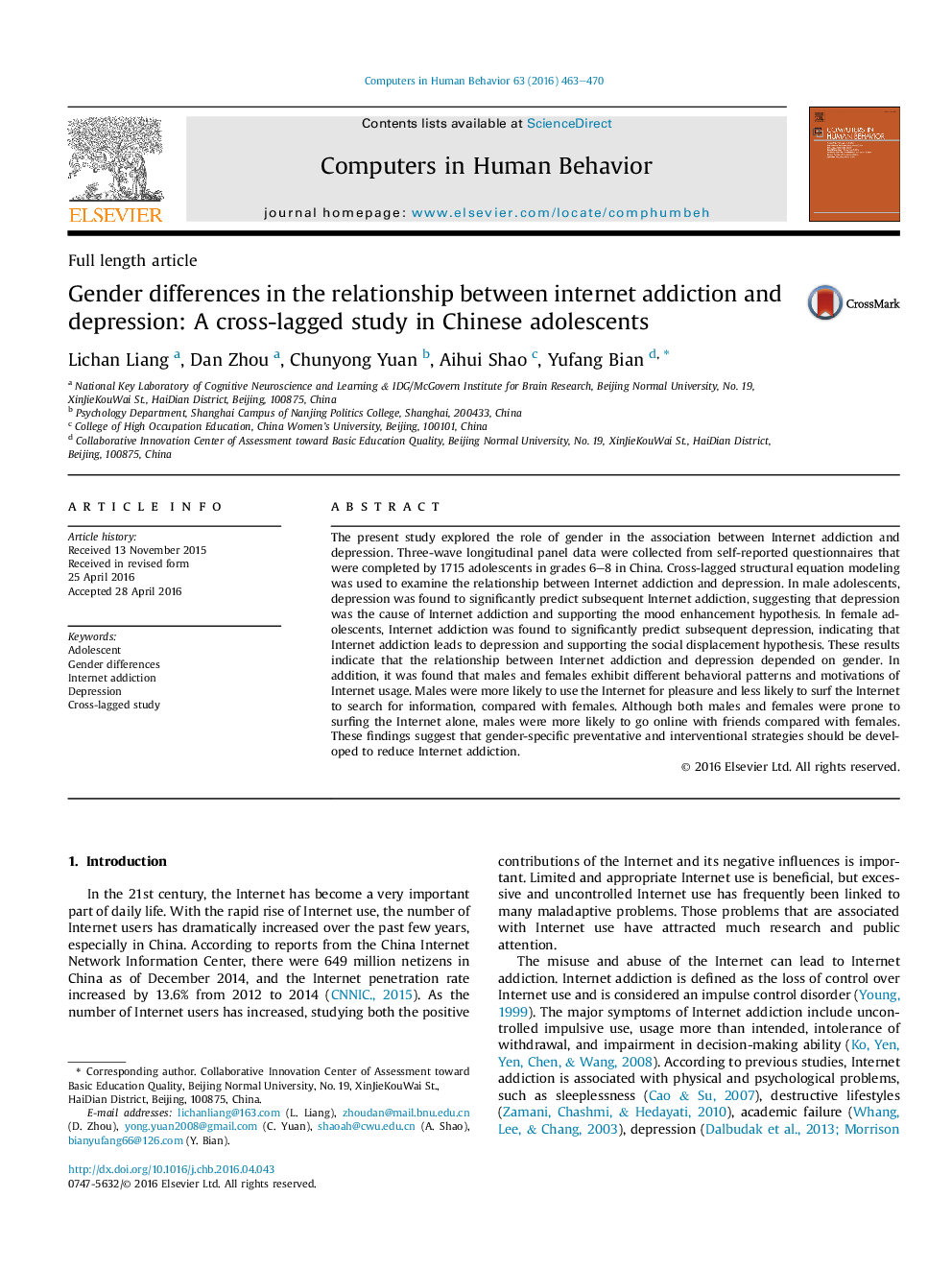 Gender differences in the relationship between internet addiction and depression: A cross-lagged study in Chinese adolescents