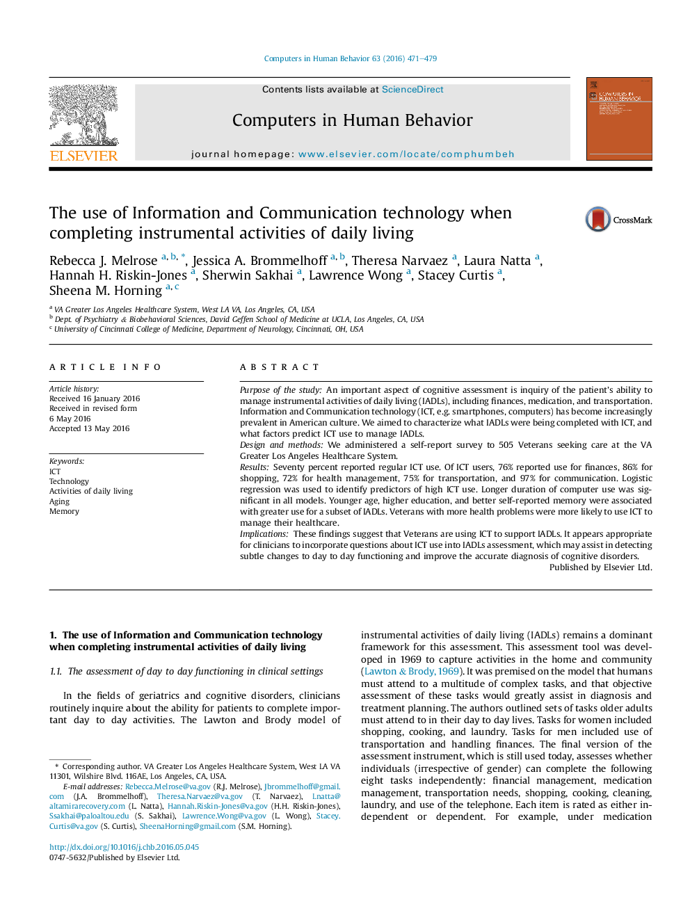 The use of Information and Communication technology when completing instrumental activities of daily living