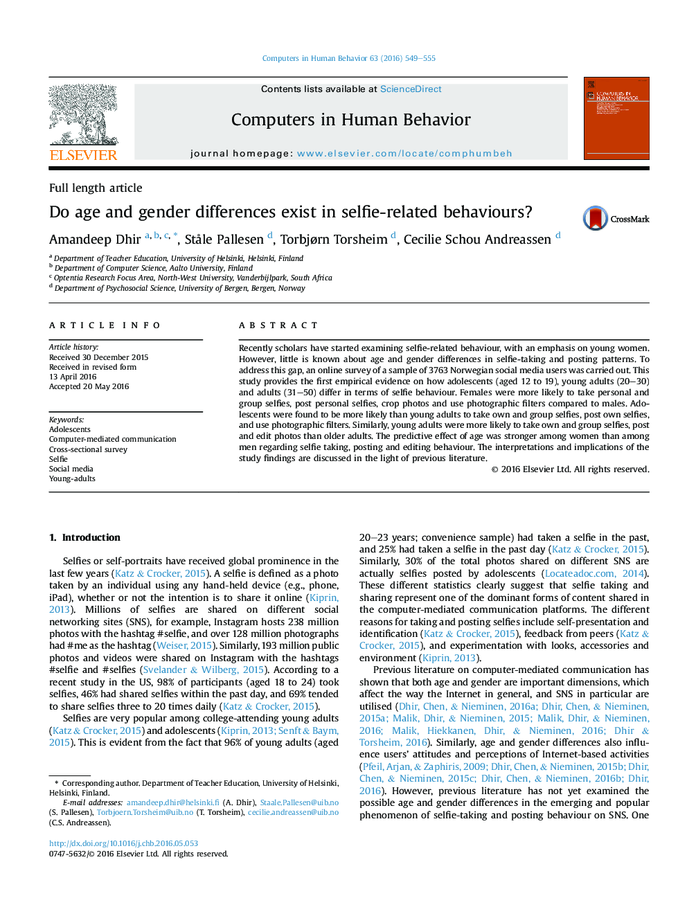 Do age and gender differences exist in selfie-related behaviours?