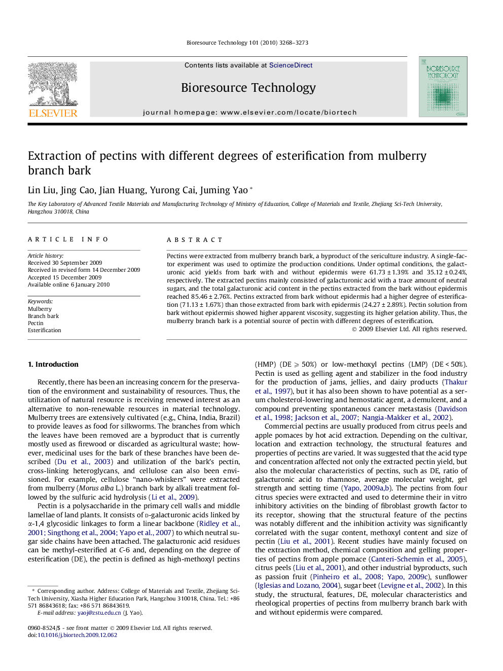عکس صفحه اول مقاله: Extraction of pectins with different degrees of esterification from mulberry branch bark Extraction of pectins with different degrees of esterification from mulberry branch bark