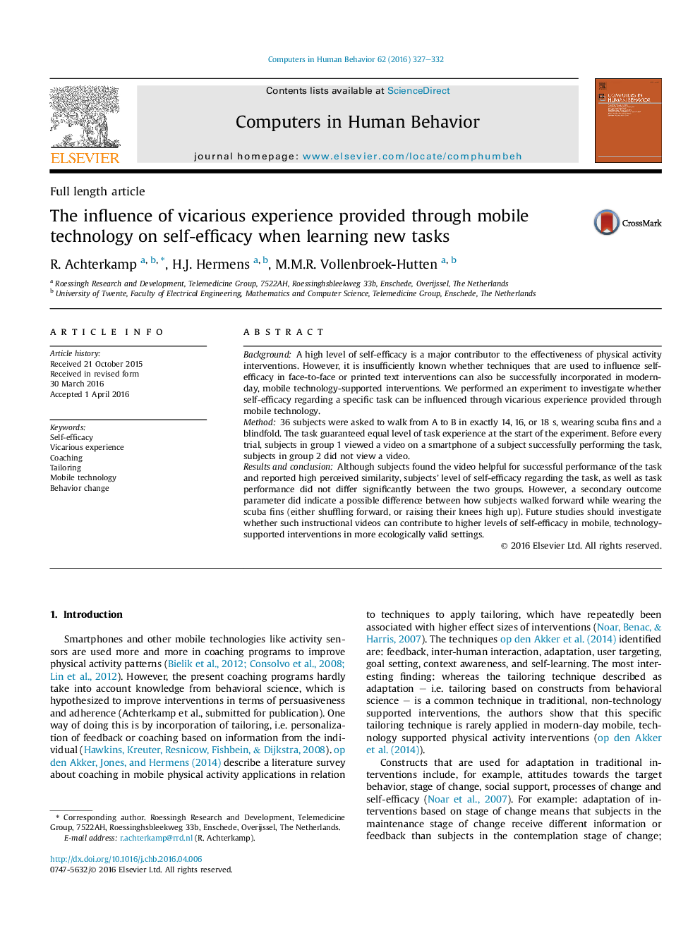 The influence of vicarious experience provided through mobile technology on self-efficacy when learning new tasks