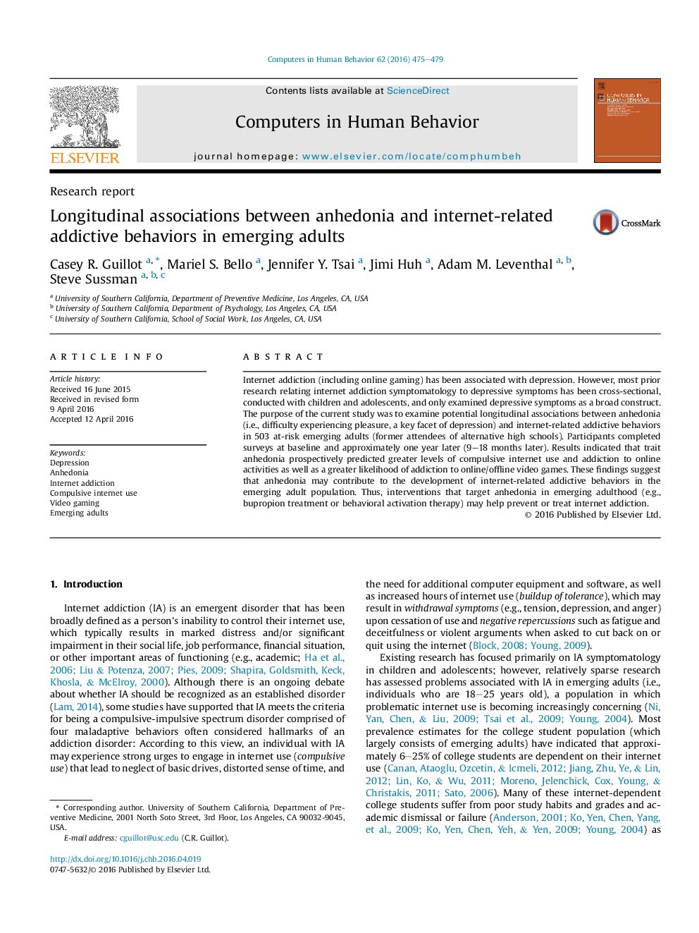 Longitudinal associations between anhedonia and internet-related addictive behaviors in emerging adults