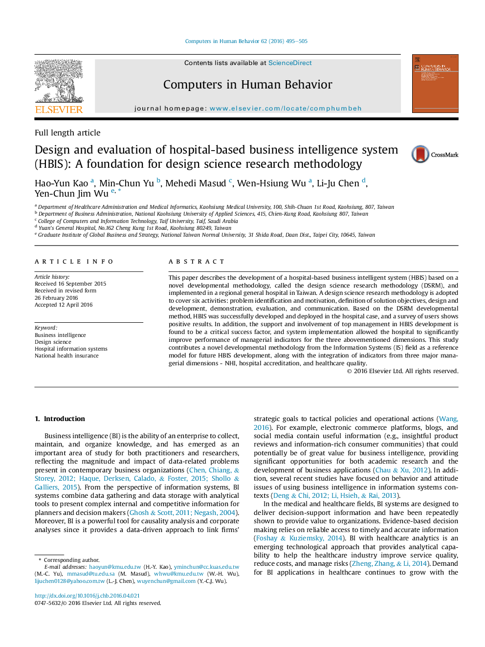 Design and evaluation of hospital-based business intelligence system (HBIS): A foundation for design science research methodology