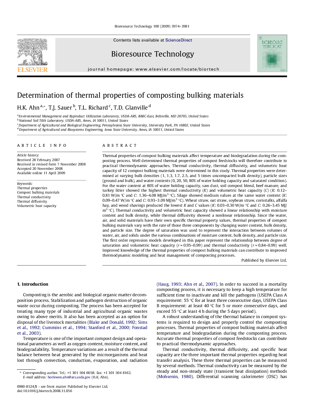 Determination of thermal properties of composting bulking materials