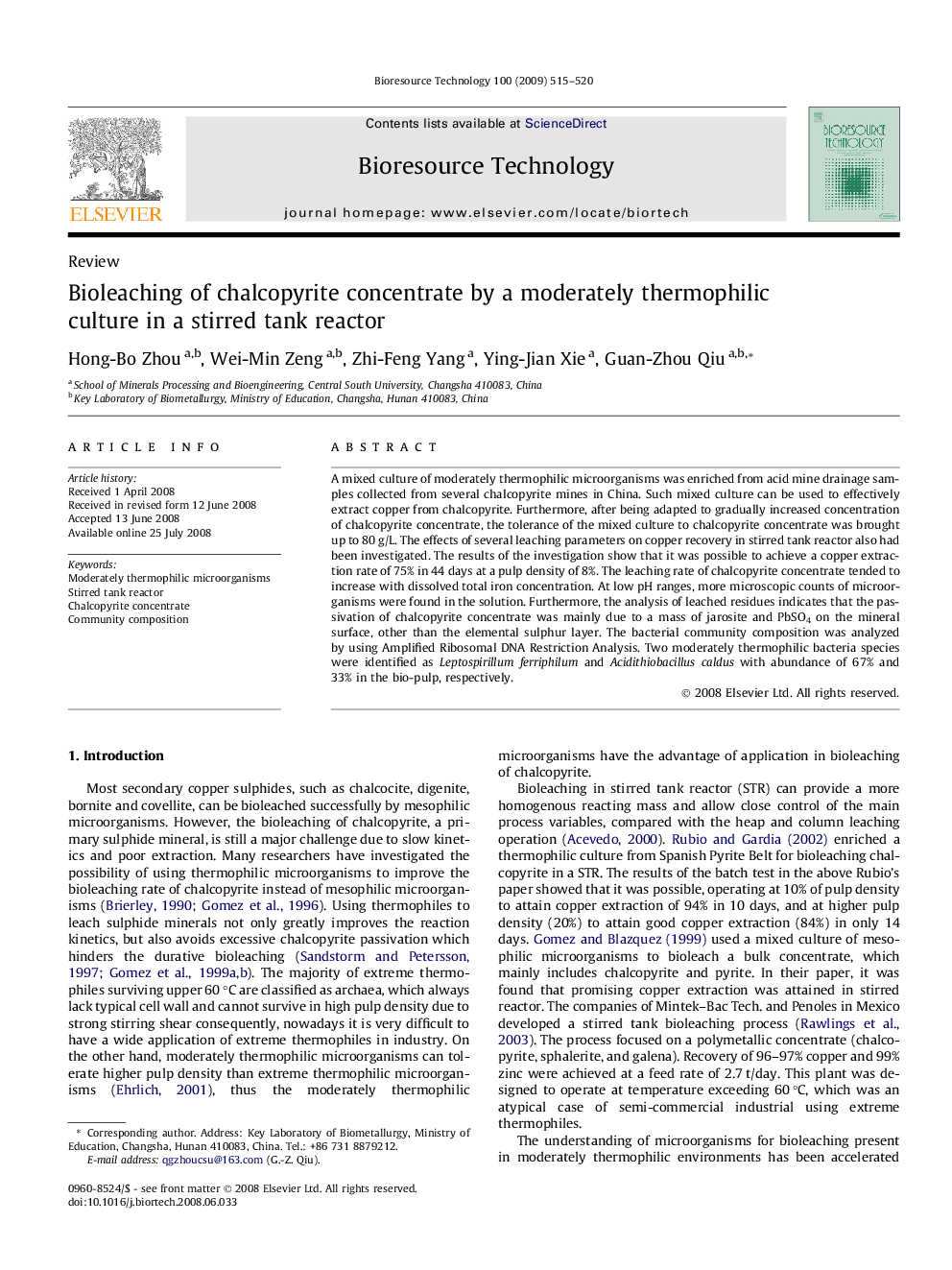 Bioleaching of chalcopyrite concentrate by a moderately thermophilic culture in a stirred tank reactor