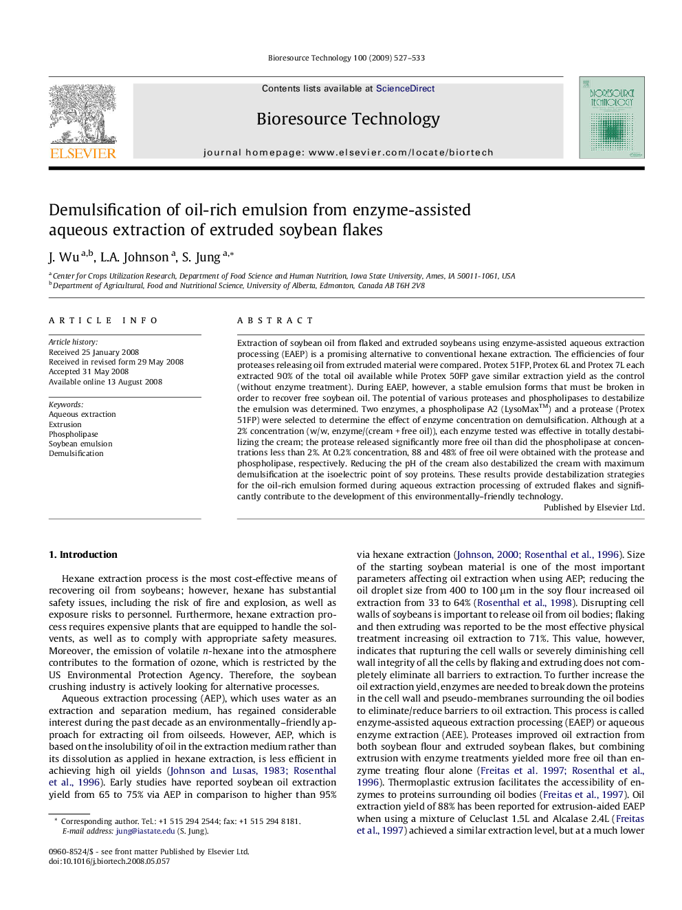 Demulsification of oil-rich emulsion from enzyme-assisted aqueous extraction of extruded soybean flakes