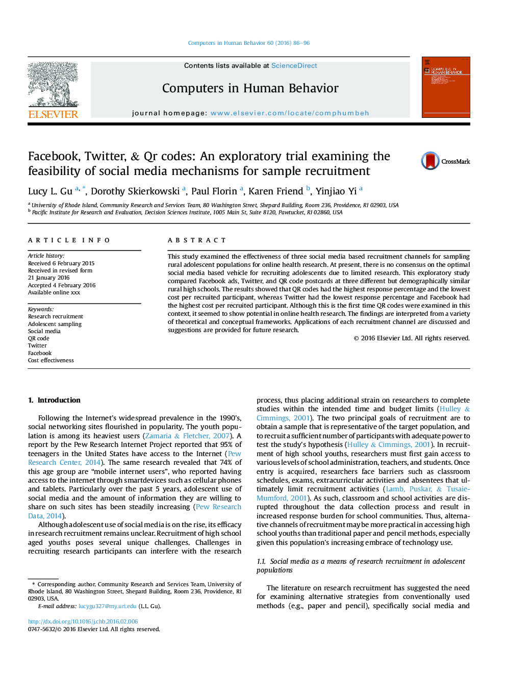 Facebook, Twitter, & Qr codes: An exploratory trial examining the feasibility of social media mechanisms for sample recruitment