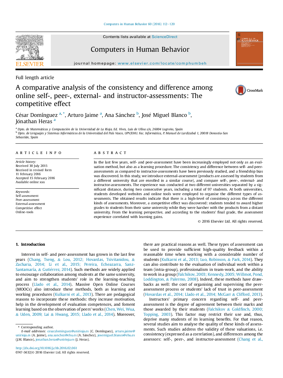 A comparative analysis of the consistency and difference among online self-, peer-, external- and instructor-assessments: The competitive effect