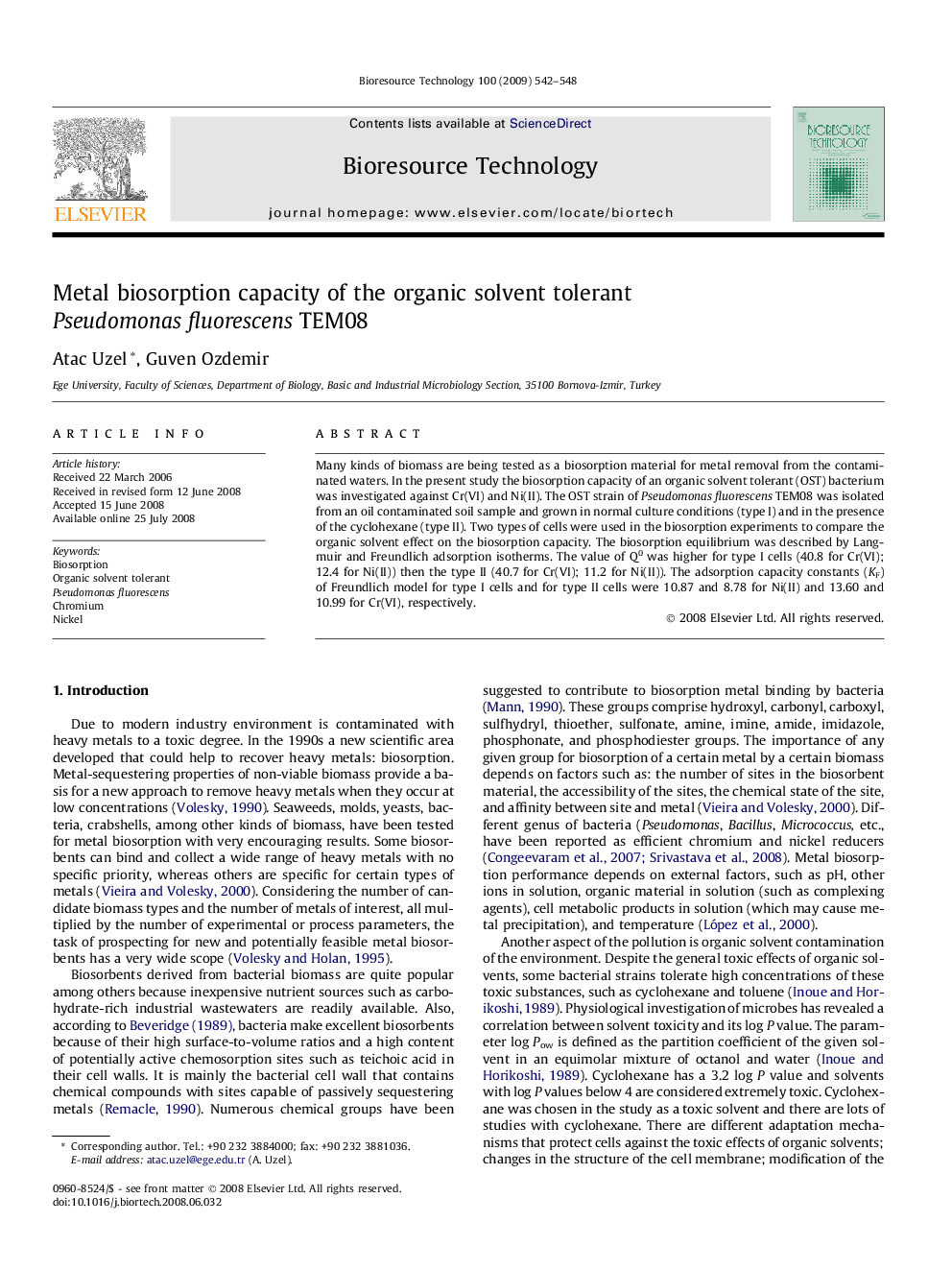 Metal biosorption capacity of the organic solvent tolerant Pseudomonas fluorescens TEM08