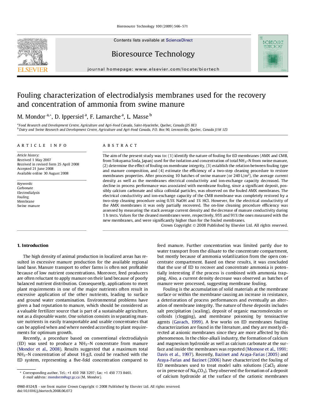 Fouling characterization of electrodialysis membranes used for the recovery and concentration of ammonia from swine manure