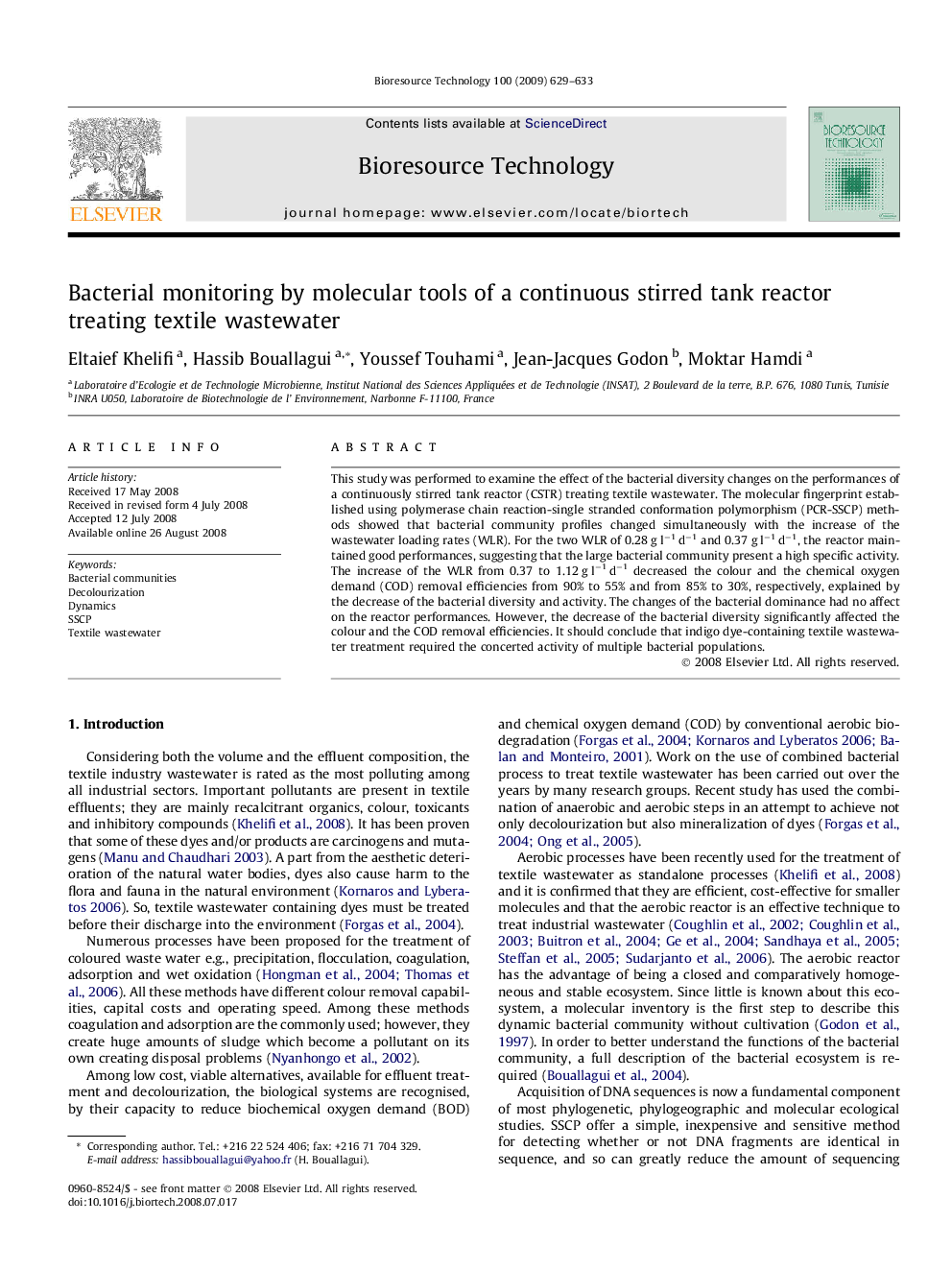 Bacterial monitoring by molecular tools of a continuous stirred tank reactor treating textile wastewater