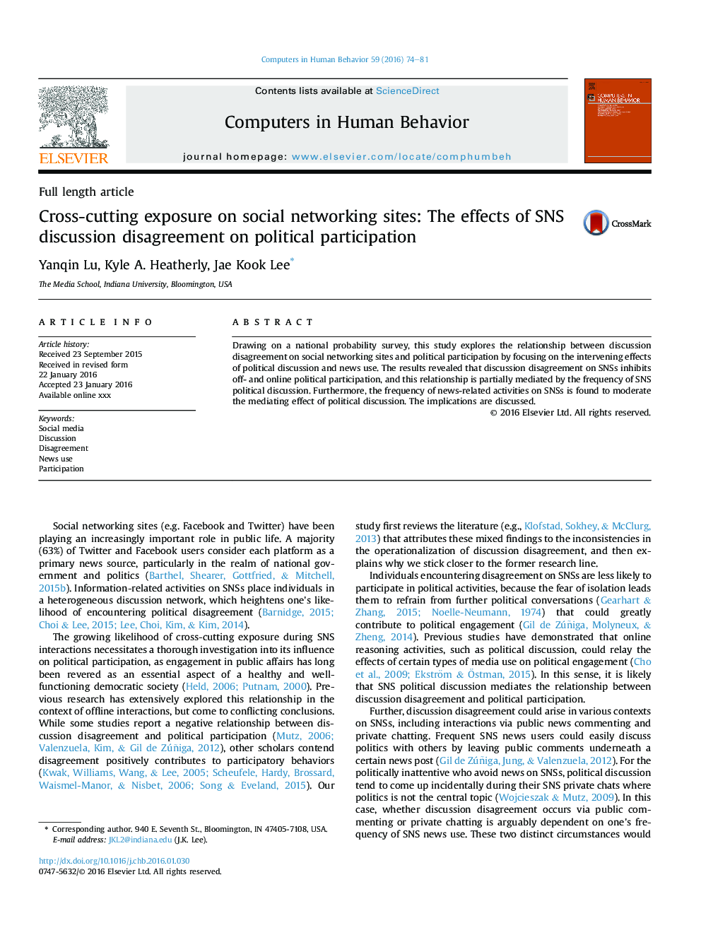Cross-cutting exposure on social networking sites: The effects of SNS discussion disagreement on political participation