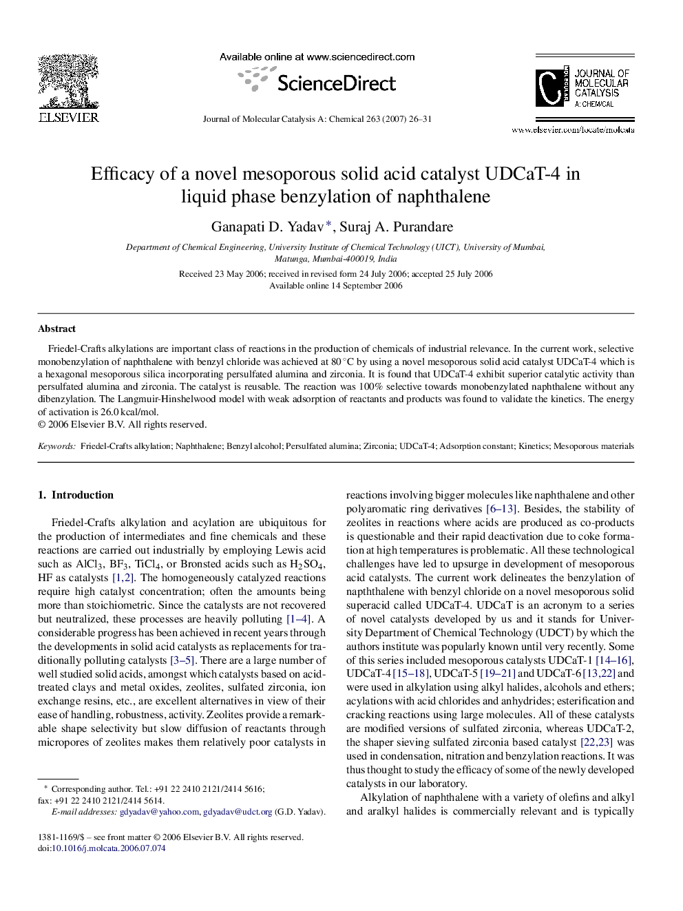 Efficacy of a novel mesoporous solid acid catalyst UDCaT-4 in liquid phase benzylation of naphthalene