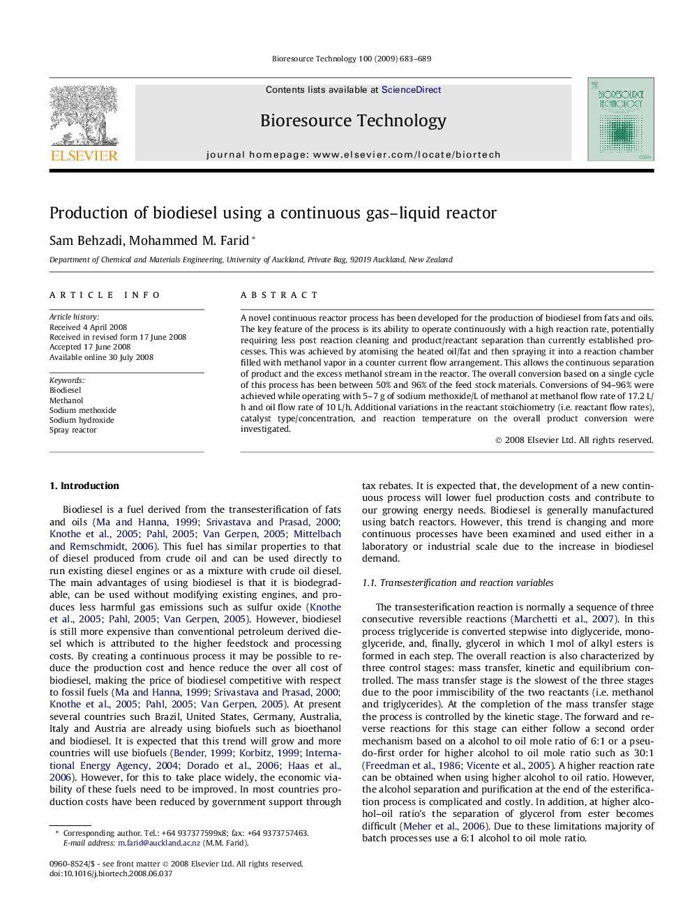 Production of biodiesel using a continuous gas–liquid reactor